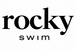 The logo for 'rocky swim' is displayed in black serif and sans-serif lettering against a solid white background.
